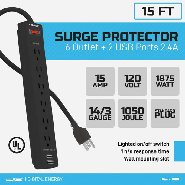 Digital Energy 6 Port USB Outlet Charging Station with Surge Protection Long 15 FT Extension Cord 